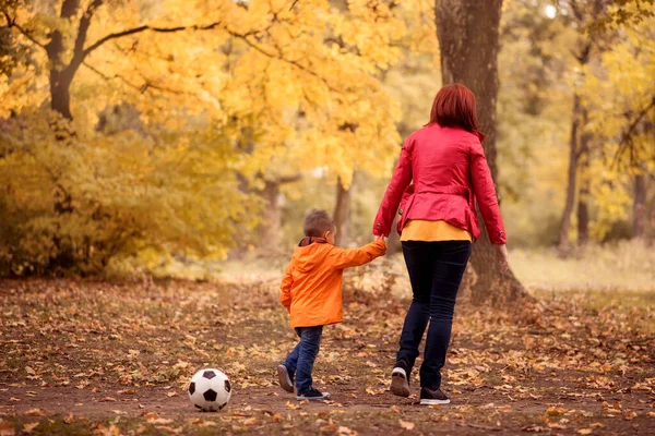 母と息子は秋の公園で手をつないで歩く サッカーボールは彼らの後ろに忘れて敷設 母親はサッカーのトレーニングやゲームの屋外後に幼児の子供を家に連れ戻す 後ろから見る スペースのコピー ストックフォト