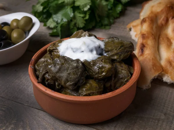 Traditional Azerbaijan Dolma Grape Leaves Rustic Wooden Table Copyspace Oriental — Stock Photo, Image