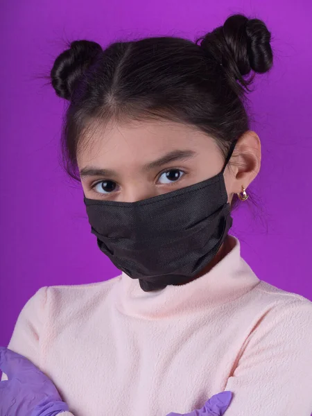 Cute Girl Stethoscope Black Mask Purple Background Stay Home Stop — Stock Photo, Image
