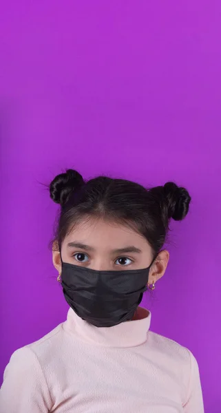 Cute Girl Stethoscope Black Mask Purple Background Stay Home Stop — Stock Photo, Image