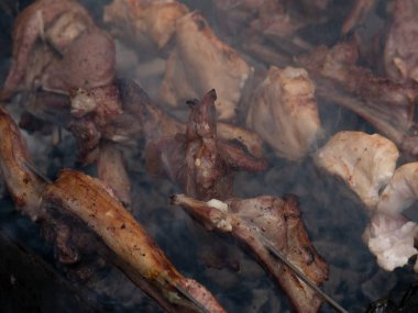 Kömürde sulu et. Kebap ya da kebap, metal şiş ızgara ve kebap restoranında közler. Adana, kuzu ve tavuk kebabı doldurulmuş köftelerle servis ediliyor.