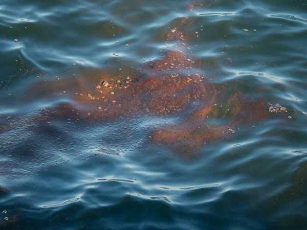 Schmutziger Ölfilm Auf Der Oberfläche Des Türkisfarbenen Meeres Strand Industrielle — Stockfoto