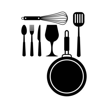 Gıda Pişirme Araçları Simge Seti Çatal, Bıçak, Kaşık, Kızartma Tavası, Çırpma, Spatula, Şarap Bardağı. Chef İş Siyah İzole Vektör İllüstrasyon
