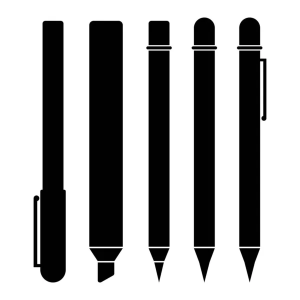 Pen Potlood Marker School Apparatuur Zwart Vector Kalligrafie Pictogram Set — Stockvector