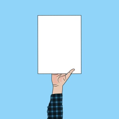 İnsan eli boş bir kağıt işareti tutuyor. Reklam tanıtımı veya mesaj için boş kart çerçevesi.
