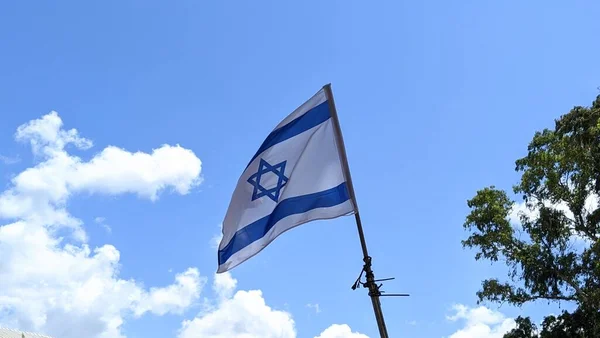 Izraelska Flaga Narodowa Machająca Niebieskim Tle Nieba Chmurami Wierzchołkiem Drzewa — Zdjęcie stockowe