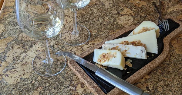 Cheese Plate Close Wood Marble Board Various Cheese Types Almonds — Stock Photo, Image