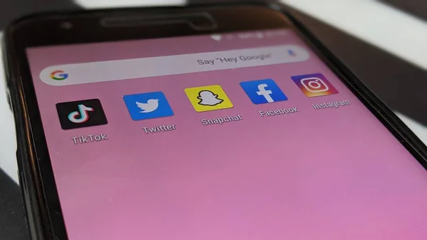 LG Nexus 5x ekranında sosyal medya uygulama simgeleri. TikTok, Twitter, Snapchat, Facebook ve Instagram logoları. İsrail, 17 Eylül 2020.