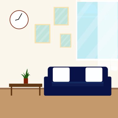 İç oturma odası. Vektör afiş. Kanepe, Tv stand, pencere ve dekor aksesuarları ile bir rahat oda tasarımı.