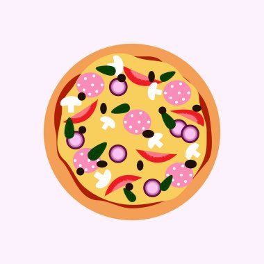 Domatesli taze pizza, peynir, zeytin, sosis, soğan, fesleğen. Geleneksel İtalyan fast food. En iyi manzara.