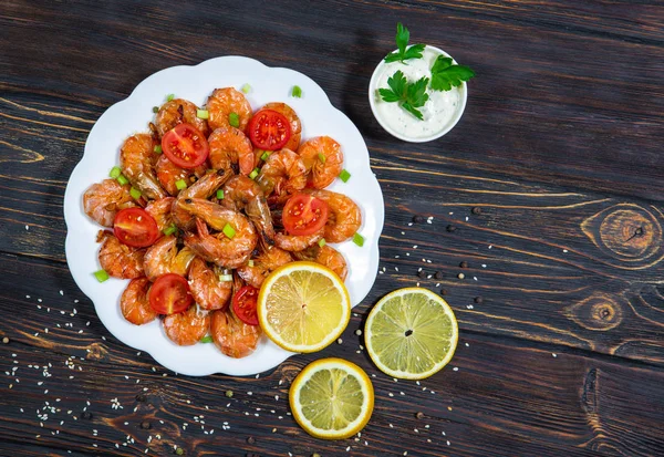 Baked Shrimp Lemon Vegetables Plate — Stock Photo, Image