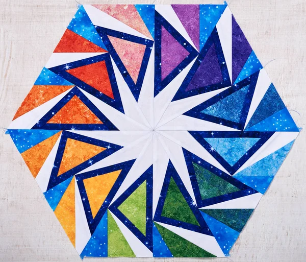 Hexagon Patchwork Block Kaleidoscope Pieces Fabrics Detail Quilt Colors Rainbow — Stock Photo, Image