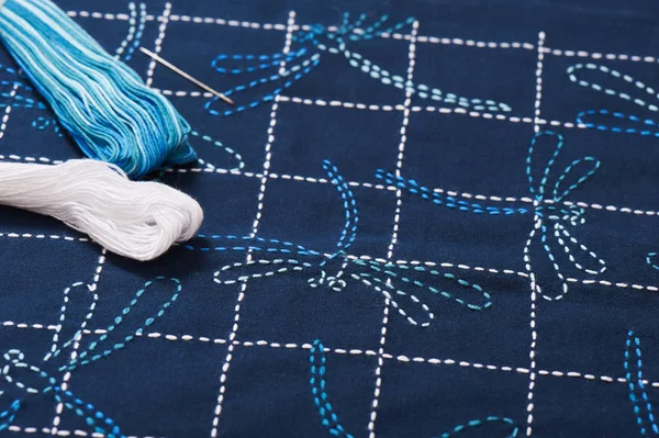 Traditional Technique Japanese Embroidery Sashiko Dragonflies — Stock Photo, Image