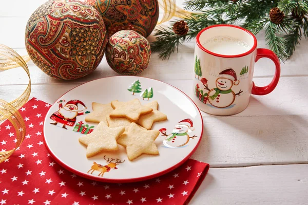 Cookies Shape Star Christmas Plate Milk Christmas Cup — Stock Photo, Image