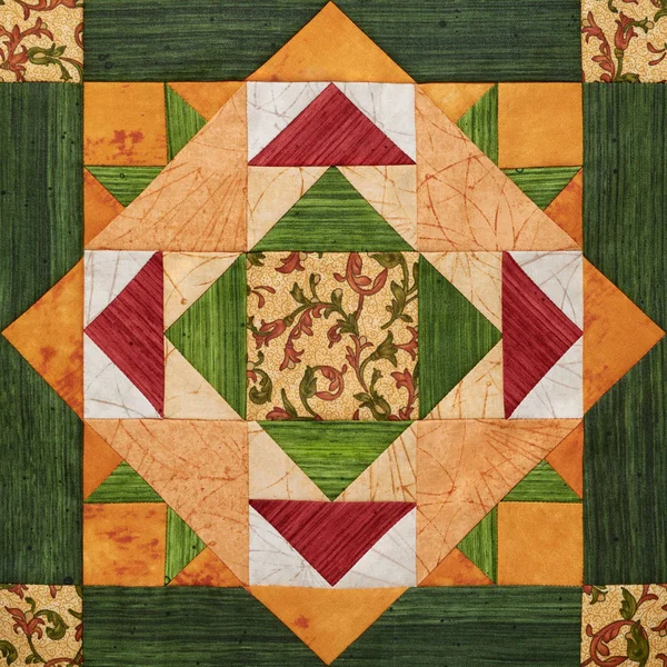 Bright Orange Green Geometris Patchwork Block Pieces Fabrics Detail Quilt — Stok Foto