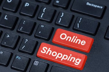 Siyah klavye online alışveriş kırmızı düğme, online alışveriş arka plan kavramı 