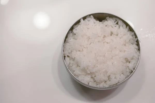 Japanese rice in stainless bowl in Japanese restaurant