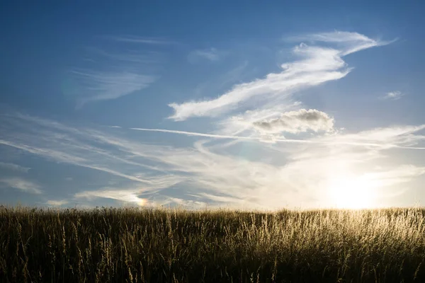 Vista Panorâmica Céu Dourado Pôr Sol Com Nuvens Macias Sobre — Fotografia de Stock