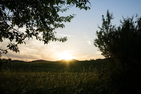 Malerischer Blick Auf Den Goldenen Himmel Bei Sonnenuntergang Mit Flauschigen — Stockfoto