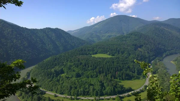 Tepelerden Domasinsky Meander'a ve Strecno yoluna bak. Slovakya