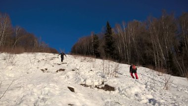 Karlı dağ ormanlarında yürüyüş yapan insanlar