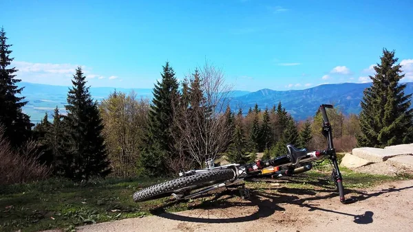 Jaki Sport Lubisz Najbardziej Bicycle Lying Mountain Forest — Zdjęcie stockowe