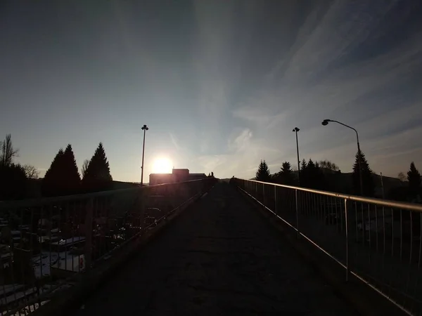 Zonsondergang Stad Tijdens Winter Slowakije — Stockfoto