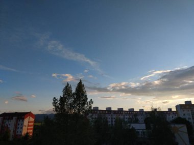  Yeşil ağaçlar ve mavi gökyüzü olan şehir manzarası