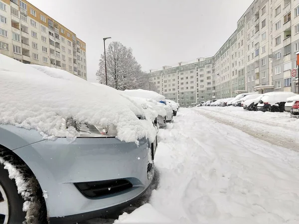 Cars Covered Snow Parking Lot Winter Slovakia — Stock Photo, Image