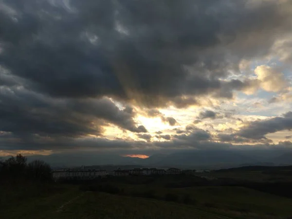 Vue Ville Avec Arbres Verts Coucher Soleil — Photo