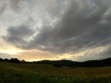 Yaz manzarası ve arka planda gün batımı