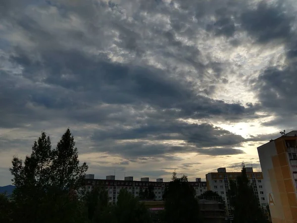 Blick Auf Die Stadt Mit Grünen Bäumen Und Sonnenuntergang — Stockfoto