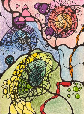 Neurographic style concept abstract traditional art illustration, circle, lines, markers and pencils