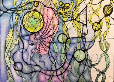 Neurographic style concept abstract traditional art illustration, circle, lines, markers and pencils