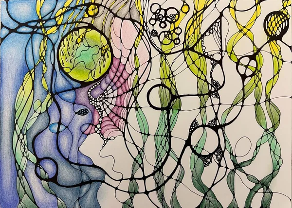 Neurographic style concept abstract traditional art illustration, circle, lines, markers and pencils