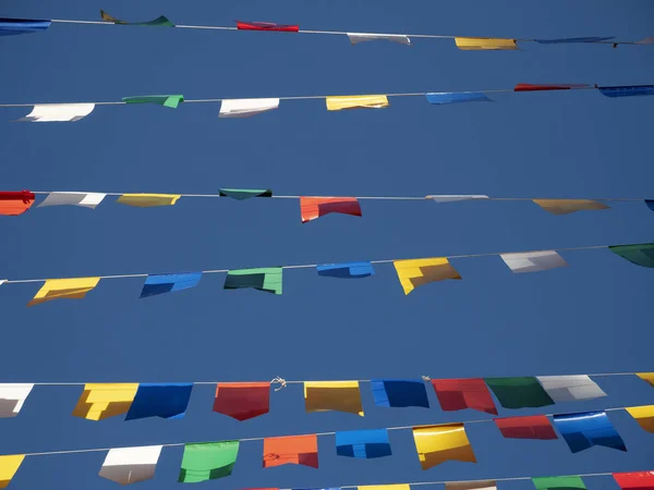 Vista Vicino Bandiere Luminose Organizzate Celebrazione Del Partito — Foto Stock