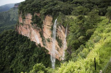 Chapada dos Guimares'deki şelale, Mato Grosso Eyaleti'nin başkentinin yanında. Cerrado bitkileri, Brezilya'nın geniş bir tropikal savana eko bölgesi 