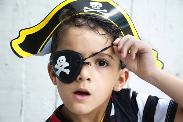 Portrait Little Boy Pirate Costume Happy Halloween Concept — Stock Photo, Image