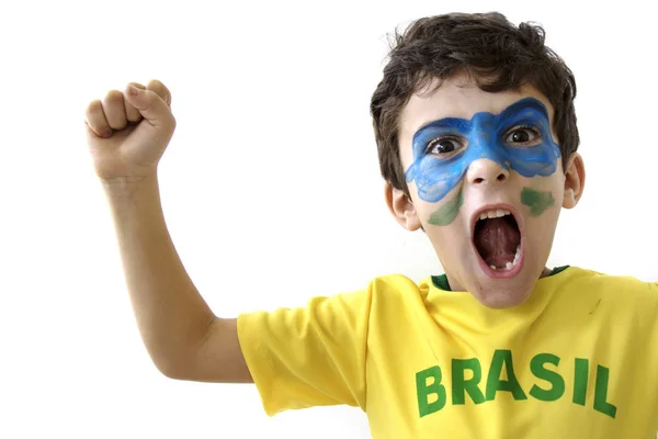 Emotional Kid Football Fan Posing White Background — Stock Photo, Image