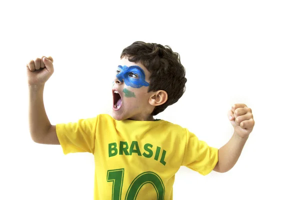 Emotional Kid Football Fan Posing White Background — Stock Photo, Image