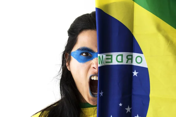 Vrouwelijke Brazilië Voetbal Fan Poseren Witte Achtergrond — Stockfoto