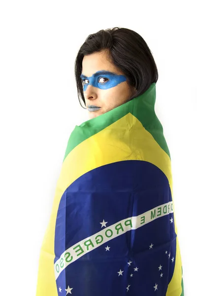 Vrouwelijke Brazilië Voetbal Fan Poseren Witte Achtergrond — Stockfoto