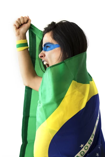 Femmina Brasiliana Calcio Fan Posa Sfondo Bianco — Foto Stock