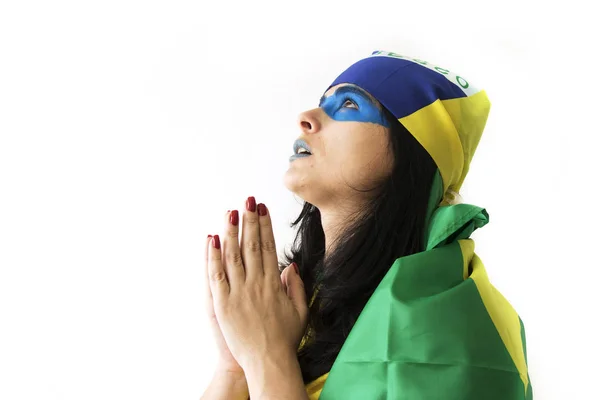 Femmina Brasiliana Calcio Fan Posa Sfondo Bianco — Foto Stock