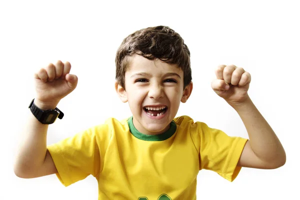 Емоційний Шанувальник Дитячого Футболу Позує Білому Тлі — стокове фото
