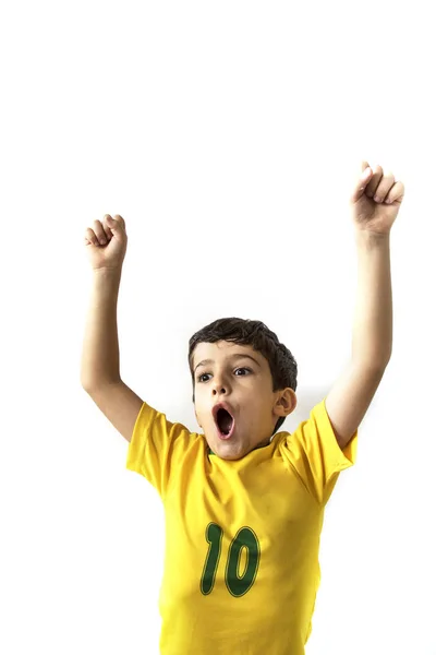 Emotional Kid Football Fan Posing White Background — Stock Photo, Image