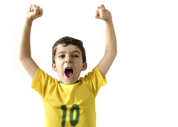 Niño Emocional Fanático Del Fútbol Posando Sobre Fondo Blanco —  Fotos de Stock