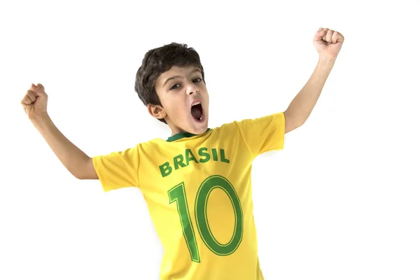 Niño Emocional Fanático Del Fútbol Posando Sobre Fondo Blanco — Foto de Stock