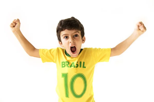 Niño Emocional Fanático Del Fútbol Posando Sobre Fondo Blanco — Foto de Stock