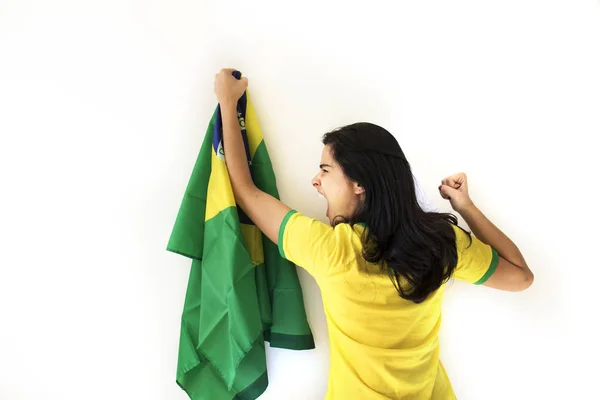 Femmina Brasiliana Calcio Fan Posa Sfondo Bianco — Foto Stock